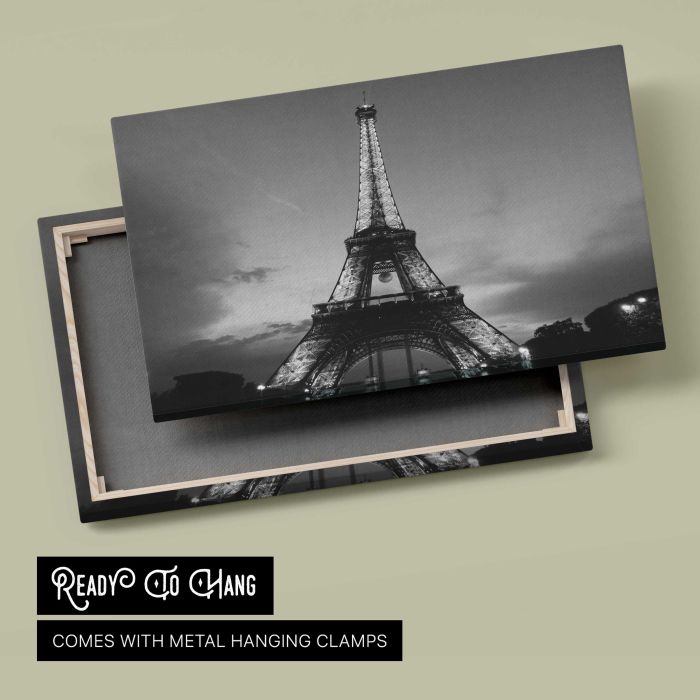 Eiffel Tower, Paris in Black and White canvas print, canvas reverse and frame view