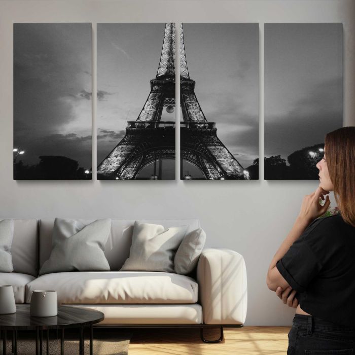 Eiffel Tower, Paris in Black and White canvas print, interior display view