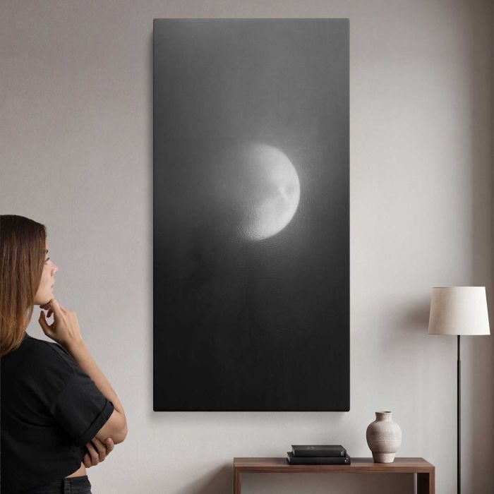 Ethereal moon shrouded in mist canvas print, interior display view