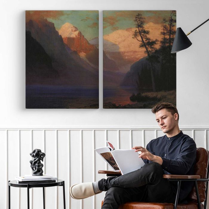 Evening Glow Lake Louise by Albert Bierstadt - two-panel canvas displayed in a reading room
