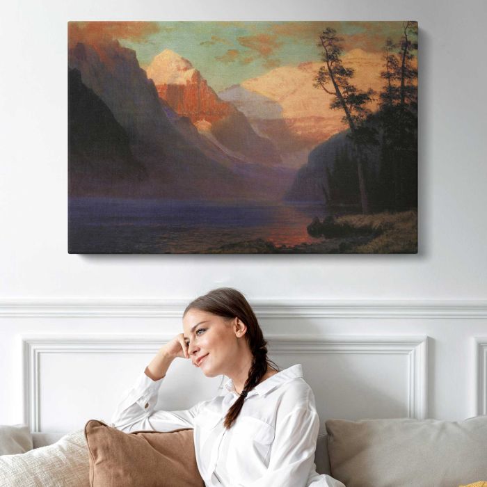 Evening Glow Lake Louise by Albert Bierstadt - single-panel canvas displayed above a sofa