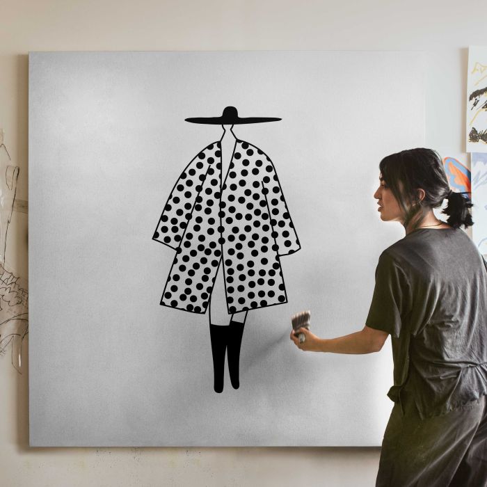 Fashion Illustration — Woman in a Polka Dot Coat canvas print, canvas shown with a person for scale