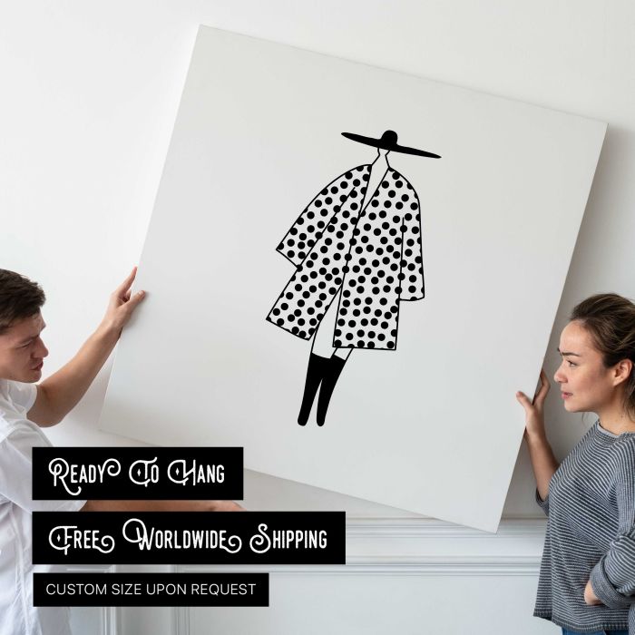 Fashion Illustration — Woman in a Polka Dot Coat canvas print, interior display view