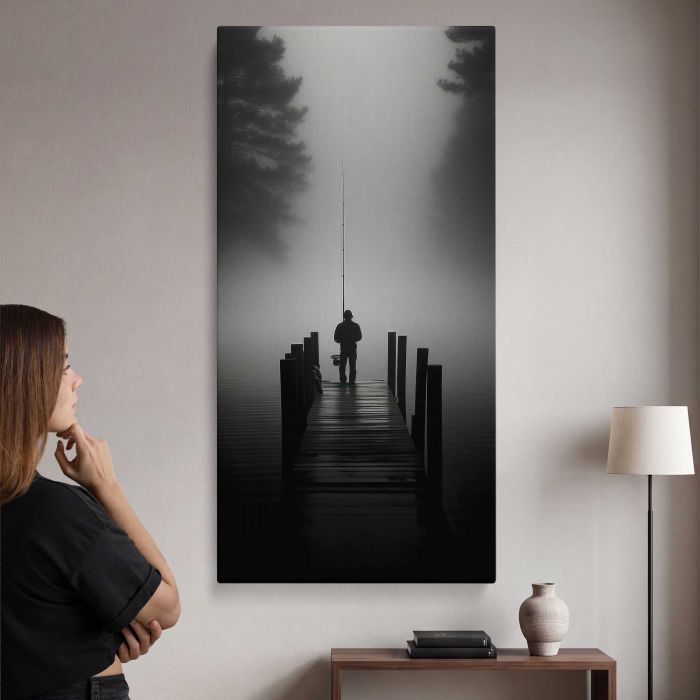 Fisherman on a Dock in Silhouette canvas print, interior display view