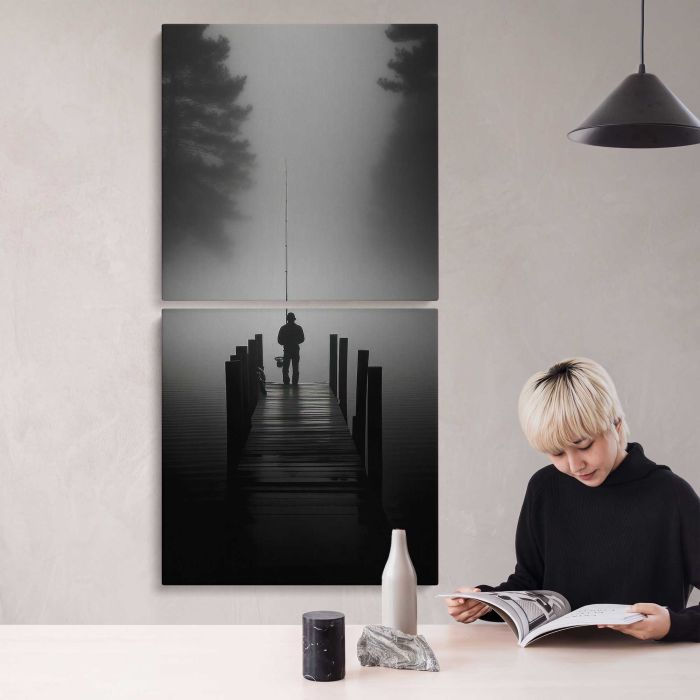 Fisherman on a Dock in Silhouette canvas print, interior display view
