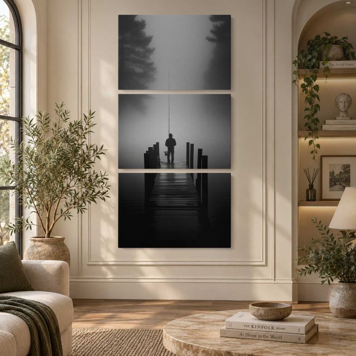 Fisherman on a Dock in Silhouette canvas print, interior display view