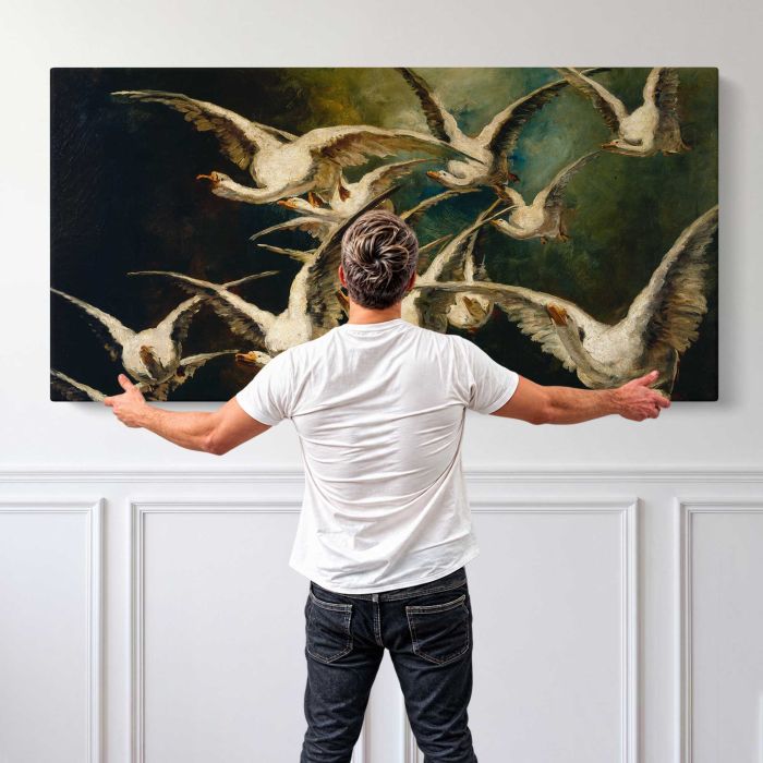 Flock of Geese by Elizabeth Nourse canvas print, canvas shown with a person for scale