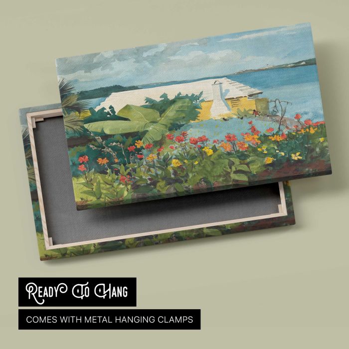 Flower Garden and Bungalow, Bermuda (1899) by Winslow Homer canvas print, canvas reverse and frame view