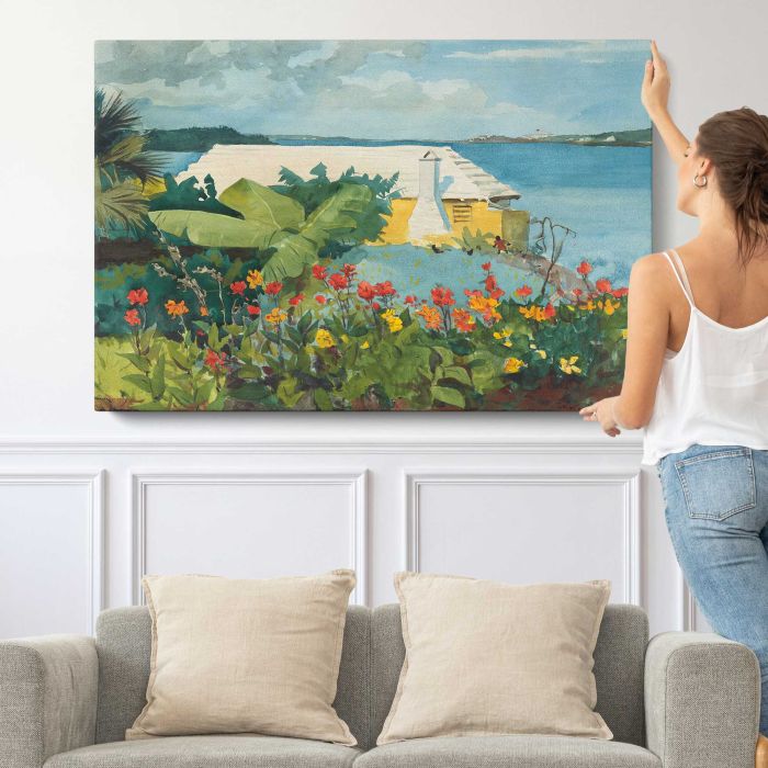 Flower Garden and Bungalow, Bermuda (1899) by Winslow Homer canvas print, canvas shown with a person for scale