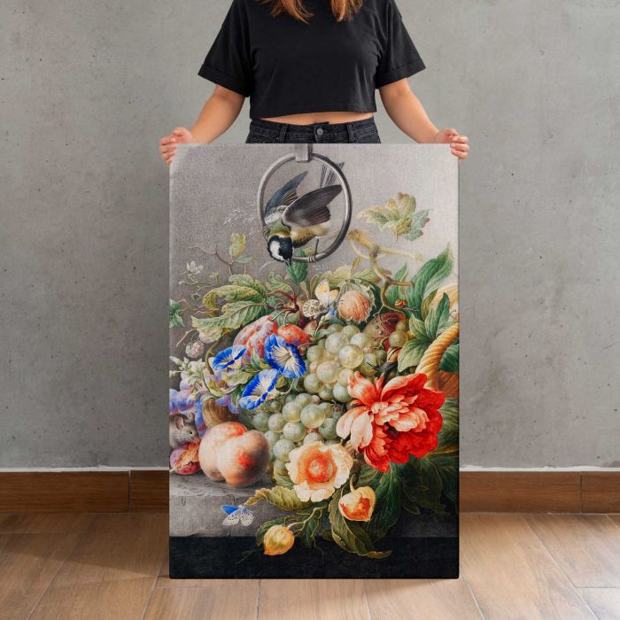 Flowers and fruits by Herman Henstenburgh (c.1700-c.1710) canvas print, canvas shown with a person for scale
