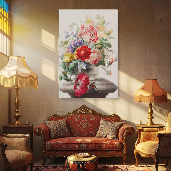 Flowers in a glass vase by Herman Henstenburgh (c. 1700) canvas print, interior display view