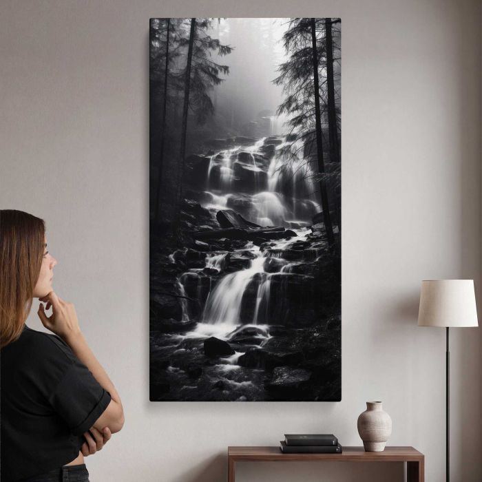 Forest Waterfall in Monochrome canvas print, interior display view