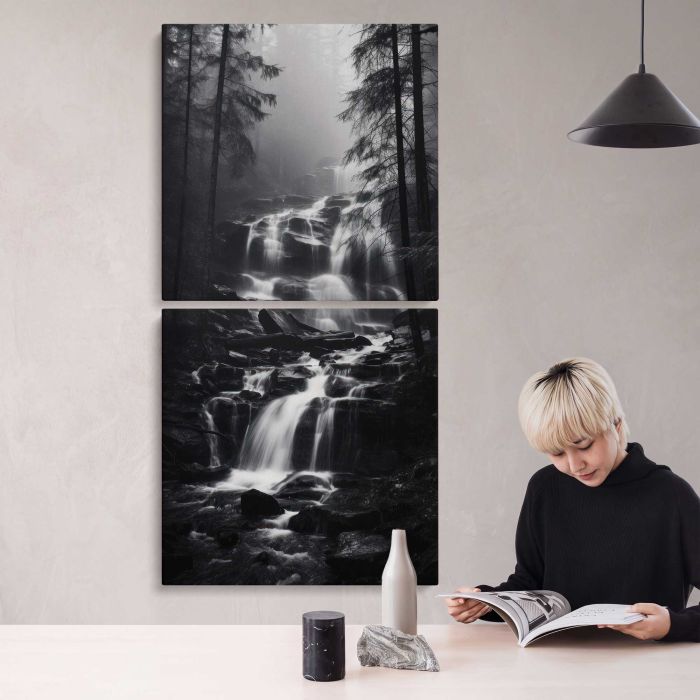 Forest Waterfall in Monochrome canvas print, interior display view
