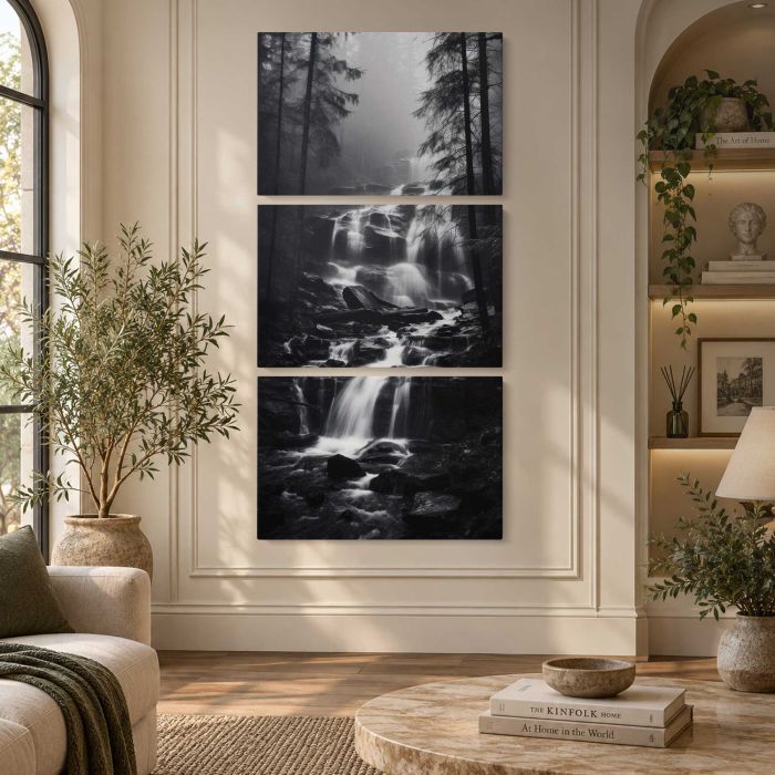Forest Waterfall in Monochrome canvas print, interior display view