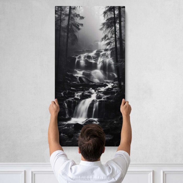 Forest Waterfall in Monochrome canvas print, tall canvas held against a wall