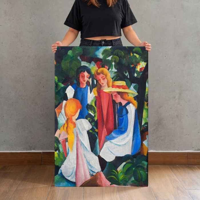 Four Girls (1912–1914) by August Macke canvas print, canvas shown with a person for scale