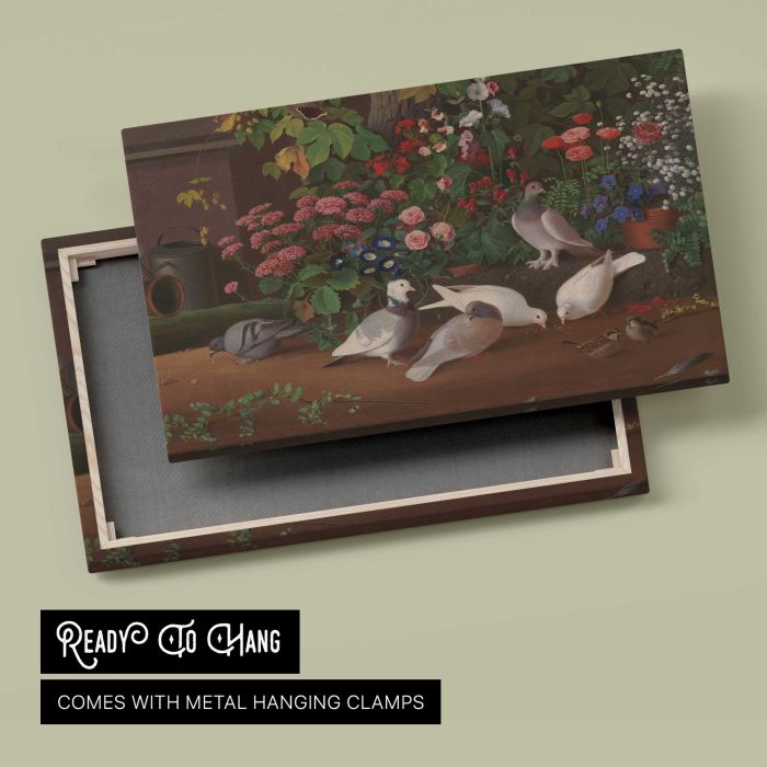 From the garden: flowers and birds, 1853 - 1854, by Ferdinand von Wright canvas print, canvas reverse and frame view