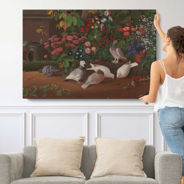 From the garden: flowers and birds, 1853 - 1854, by Ferdinand von Wright canvas print, canvas shown with a person for scale