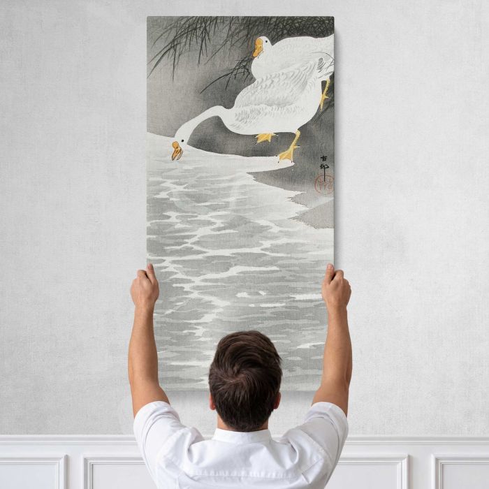 Geese on the Shore by Ohara Koson canvas print, tall canvas held against a wall