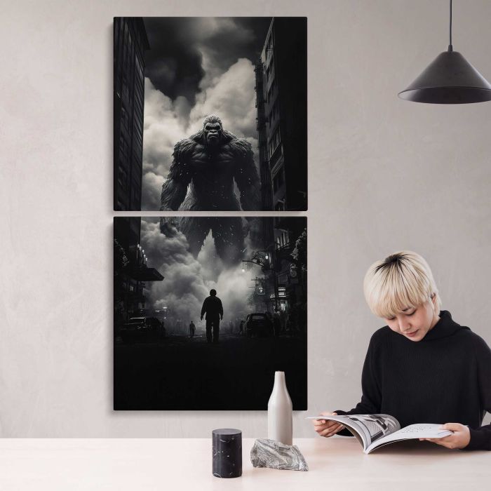 Giant Creature Attacking the City canvas print, interior display view