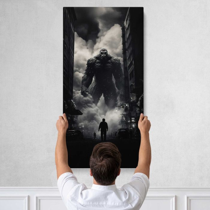 Giant Creature Attacking the City canvas print, tall canvas held against a wall