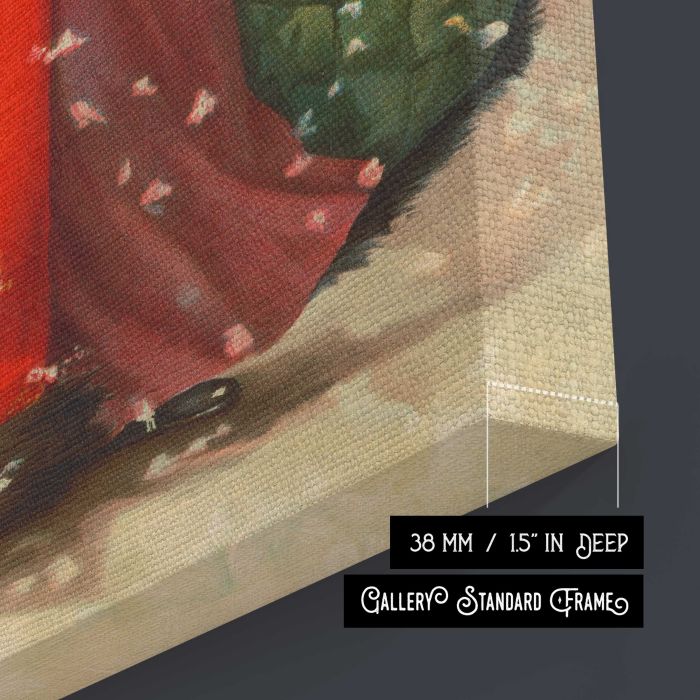 Girl in a Red Coat with Christmas Wreath, Umbrella and Puppy (1900) canvas print, canvas surface and edge detail