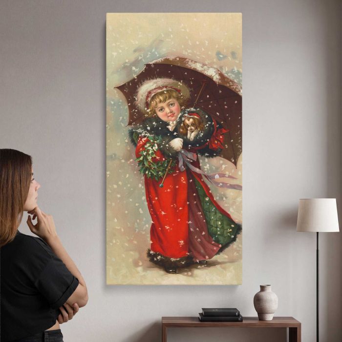 Girl in a Red Coat with Christmas Wreath, Umbrella and Puppy (1900) canvas print, interior display view