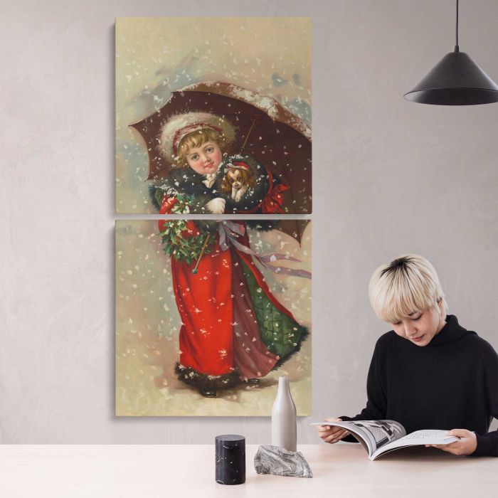 Girl in a Red Coat with Christmas Wreath, Umbrella and Puppy (1900) canvas print, interior display view