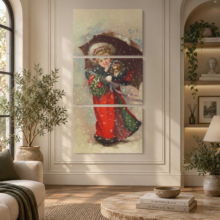 Girl in a Red Coat with Christmas Wreath, Umbrella and Puppy (1900) canvas print, interior display view
