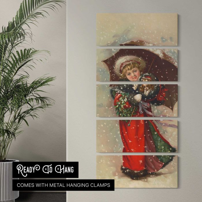 Girl in a Red Coat with Christmas Wreath, Umbrella and Puppy (1900) canvas print, interior display view