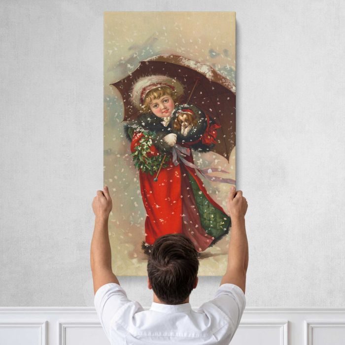 Girl in a Red Coat with Christmas Wreath, Umbrella and Puppy (1900) canvas print, tall canvas held against a wall