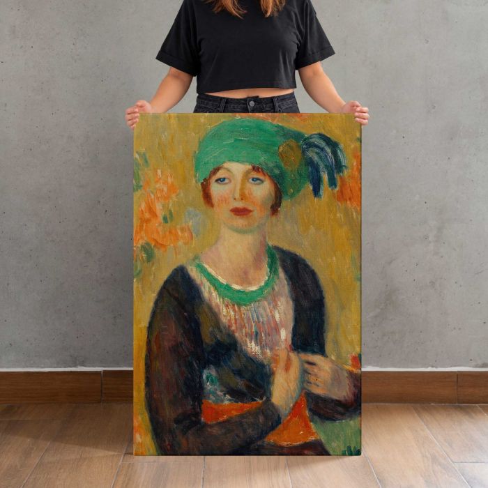 Girl in Green Turban (1913) by William James Glackens canvas print, canvas shown with a person for scale