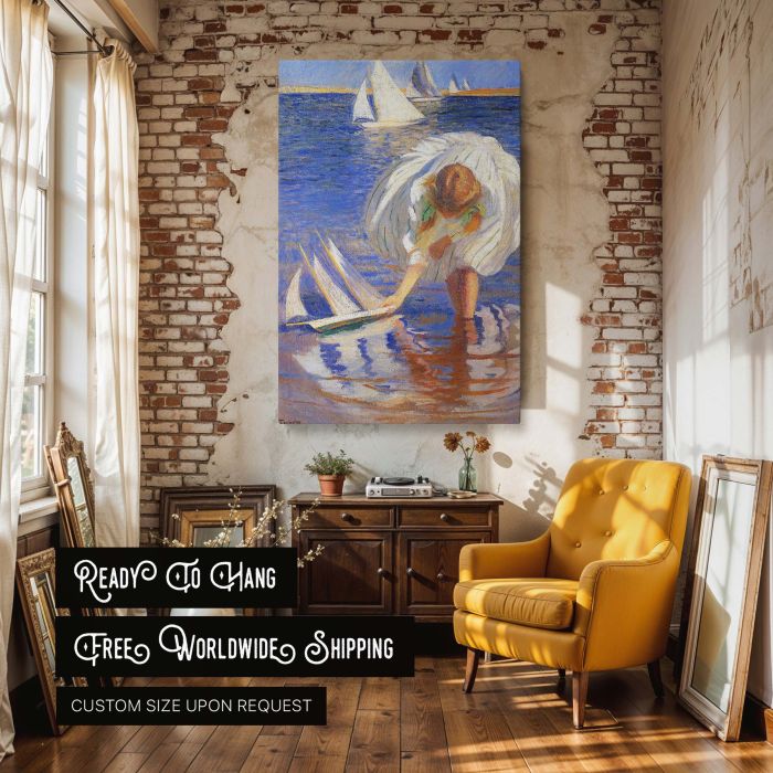 Girl with Sailboat by Edmund Tarbell - Bright Water and Summer Dress canvas wall art - Image 3