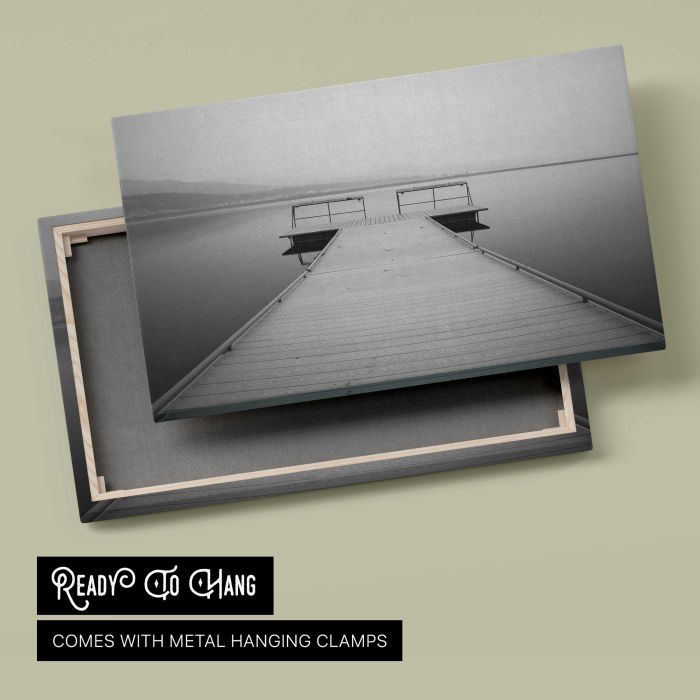 Grey Dock at a Quiet Lake canvas print, canvas reverse and frame view