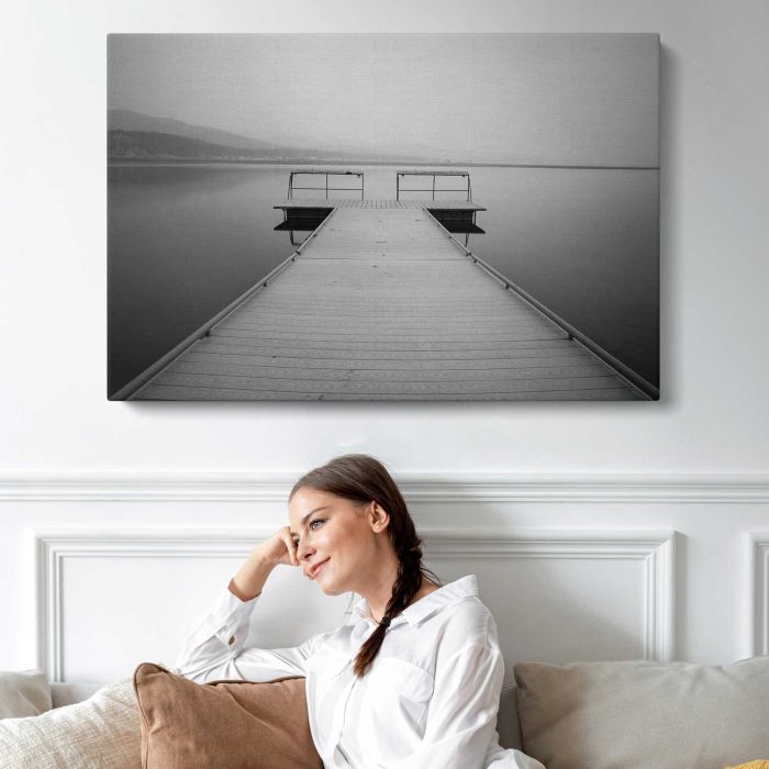 Grey Dock at a Quiet Lake canvas print, interior display view