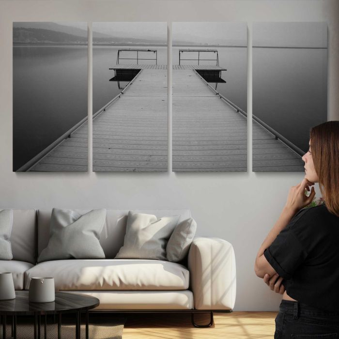 Grey Dock at a Quiet Lake canvas print, interior display view