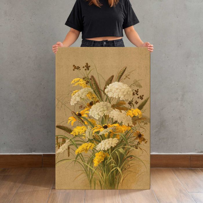 Hemlock, ox-eye grasses and golden rod by Ellen Thayer Fisher canvas print, canvas shown with a person for scale