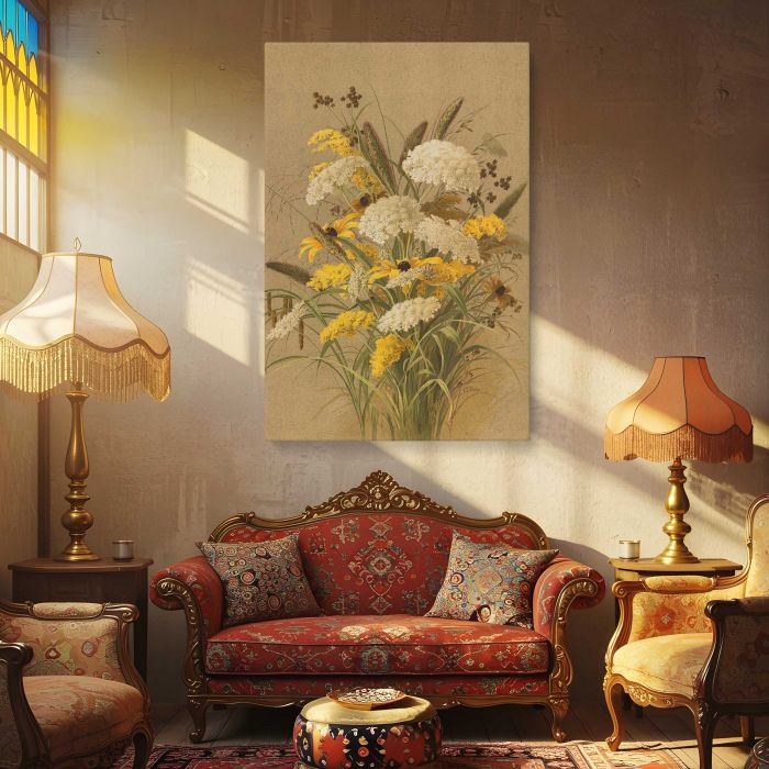 Hemlock, ox-eye grasses and golden rod by Ellen Thayer Fisher canvas print, interior display view
