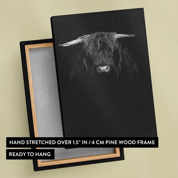 Highland Calf in Black and White canvas print, canvas reverse and frame view