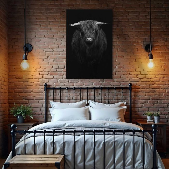 Highland Calf in Black and White canvas print, interior display view