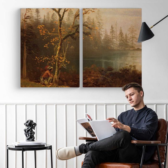 Indian Scout by Albert Bierstadt - two-panel canvas displayed in a reading room