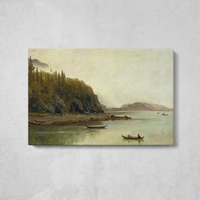 Indians Fishing by Albert Bierstadt - single-panel canvas displayed above a console table