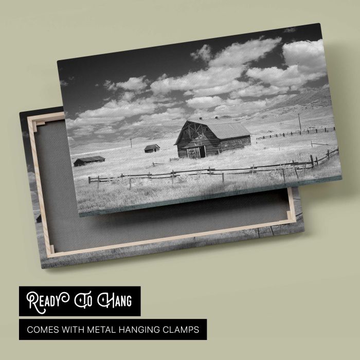 Infrared view of barn in rural Montana, USA canvas print, canvas reverse and frame view
