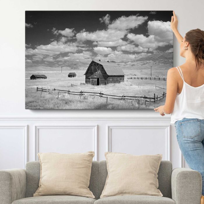 Infrared view of barn in rural Montana, USA canvas print, canvas shown with a person for scale