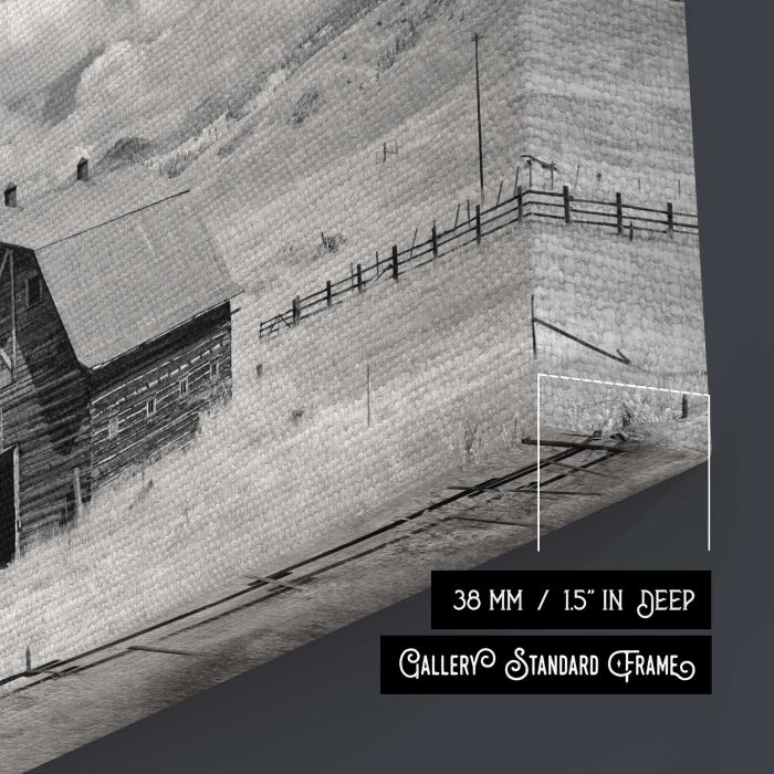 Infrared view of barn in rural Montana, USA canvas print, canvas surface and edge detail
