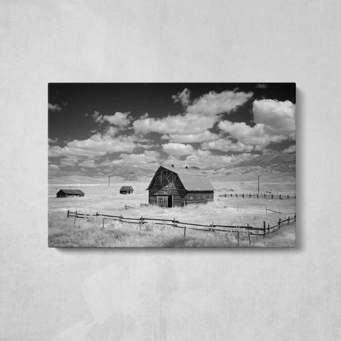 Infrared view of barn in rural Montana, USA canvas print, front canvas view