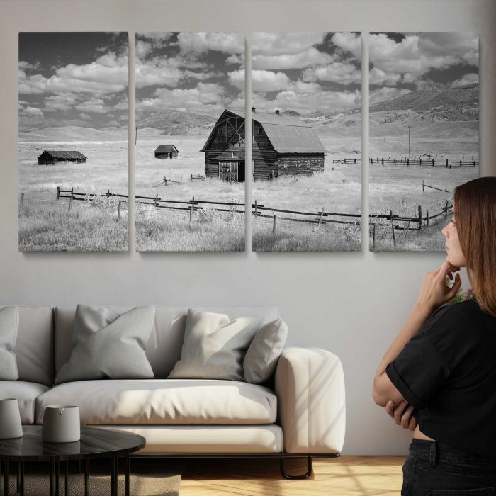 Infrared view of barn in rural Montana, USA canvas print, interior display view