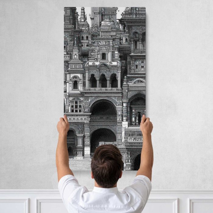 Intricate architectural fantasy canvas print, tall canvas held against a wall