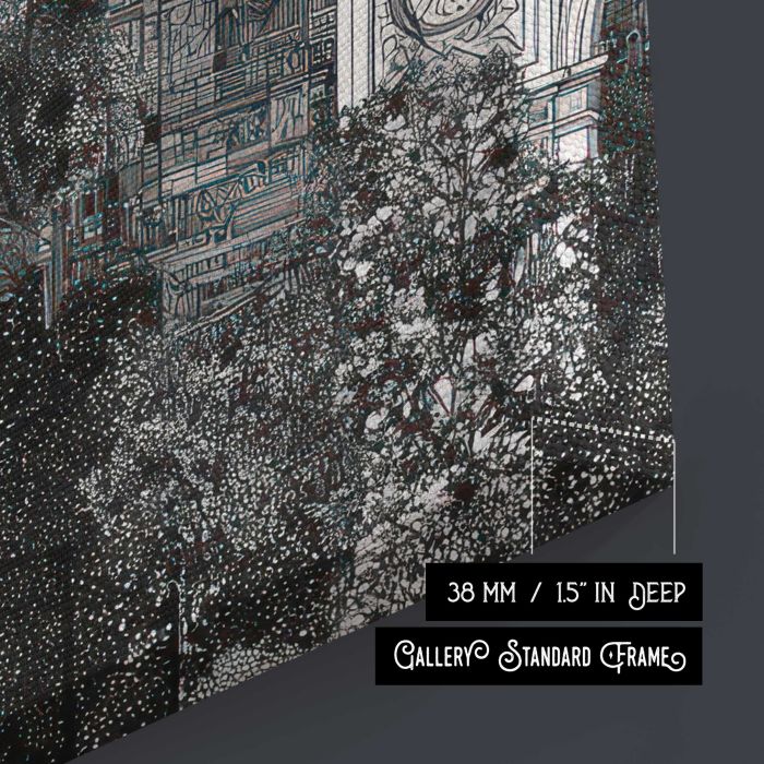 Intricate Monochrome Urban Landscape canvas print, canvas surface and edge detail