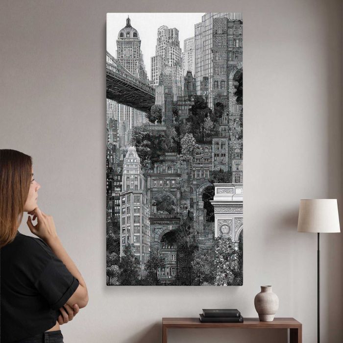 Intricate Monochrome Urban Landscape canvas print, interior display view